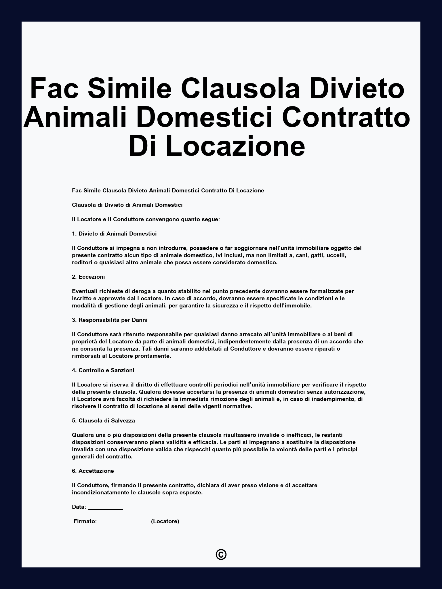 Fac Simile Clausola Divieto Animali Domestici Contratto Di Locazione