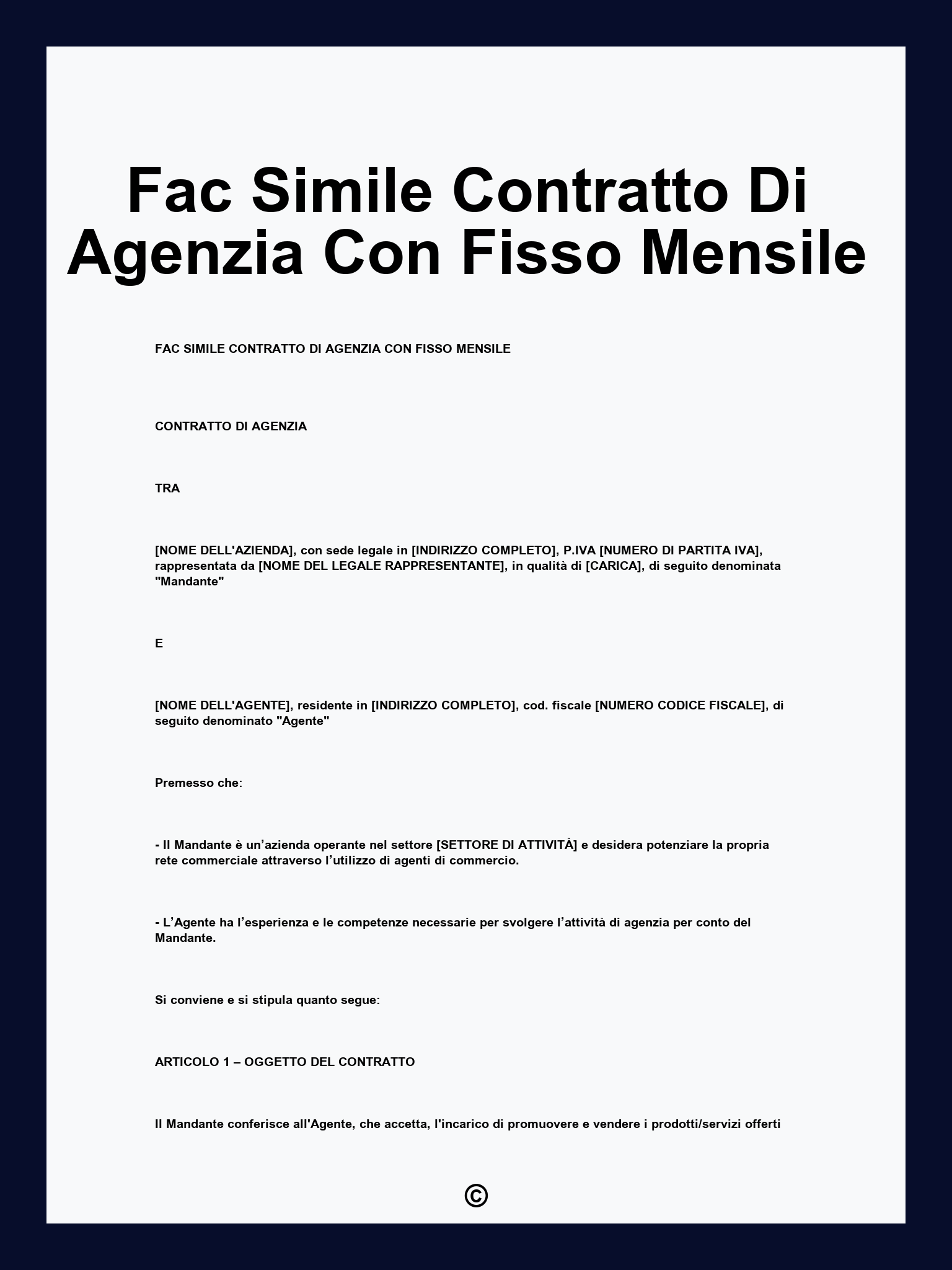 Fac Simile Contratto Di Agenzia Con Fisso Mensile