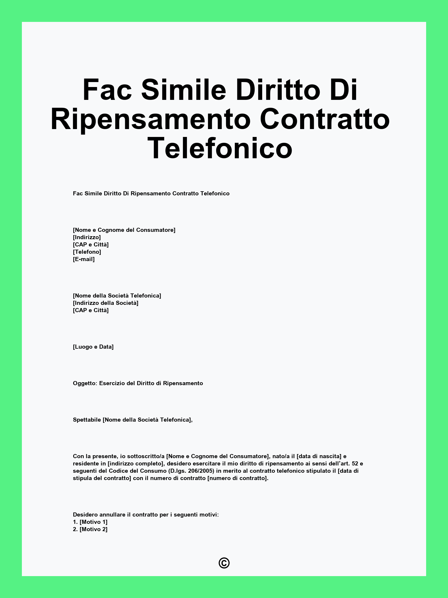 Fac Simile Diritto Di Ripensamento Contratto Telefonico
