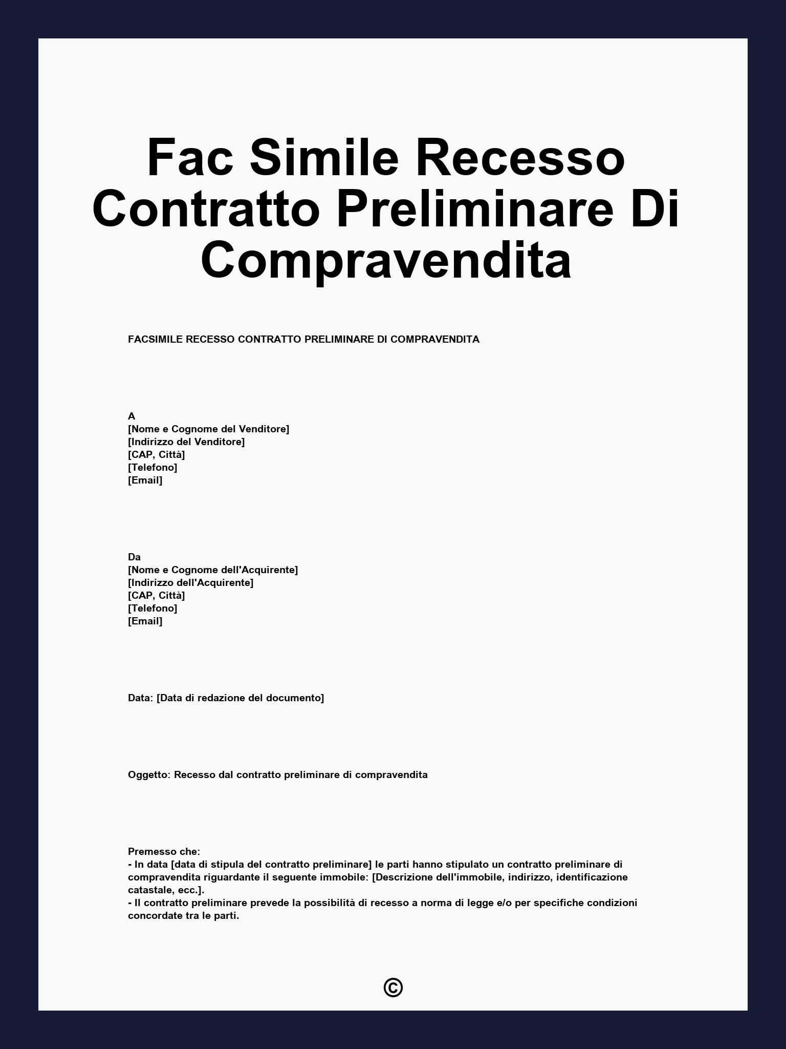 Fac Simile Recesso Contratto Preliminare Di Compravendita