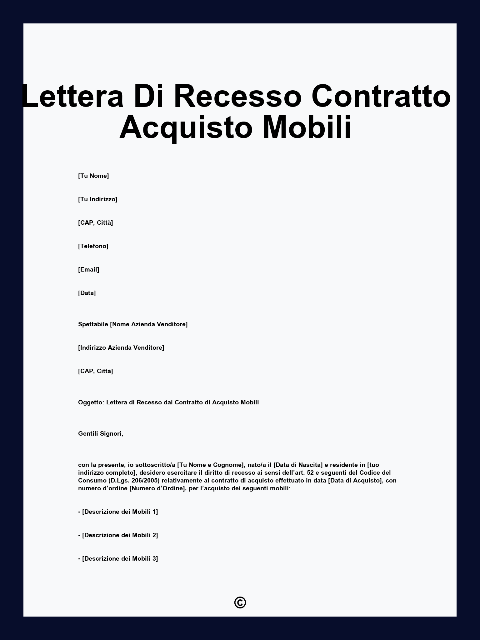 Lettera Di Recesso Contratto Acquisto Mobili