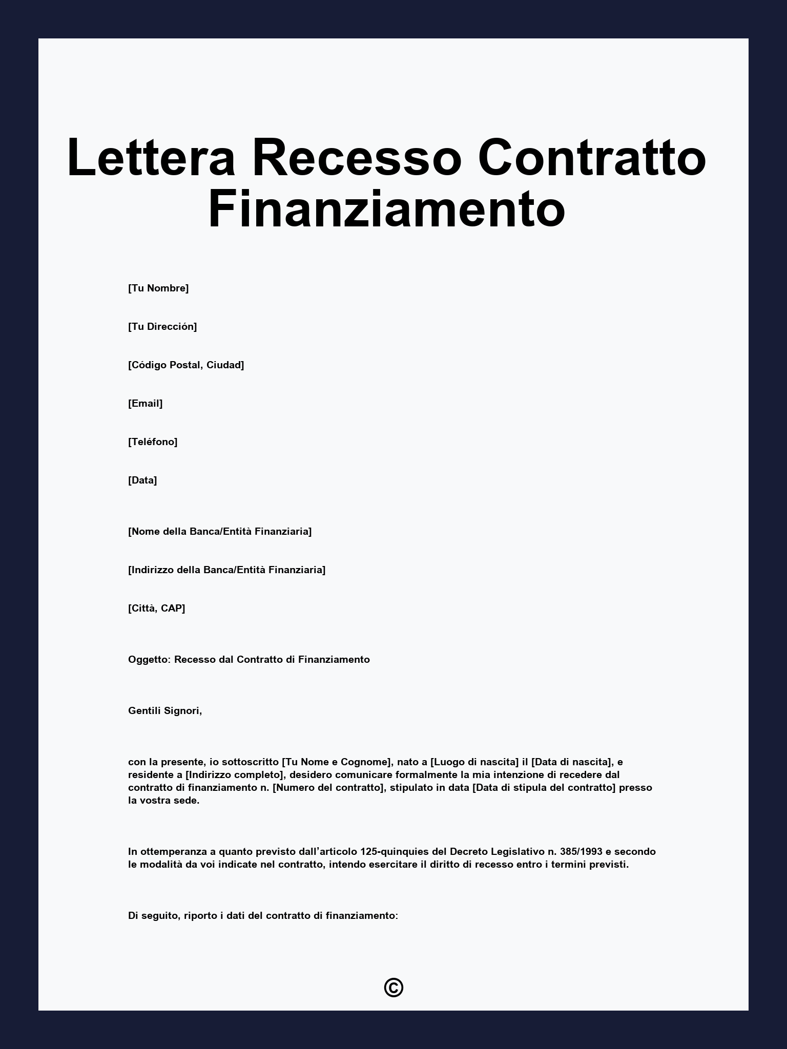 Lettera Recesso Contratto Finanziamento