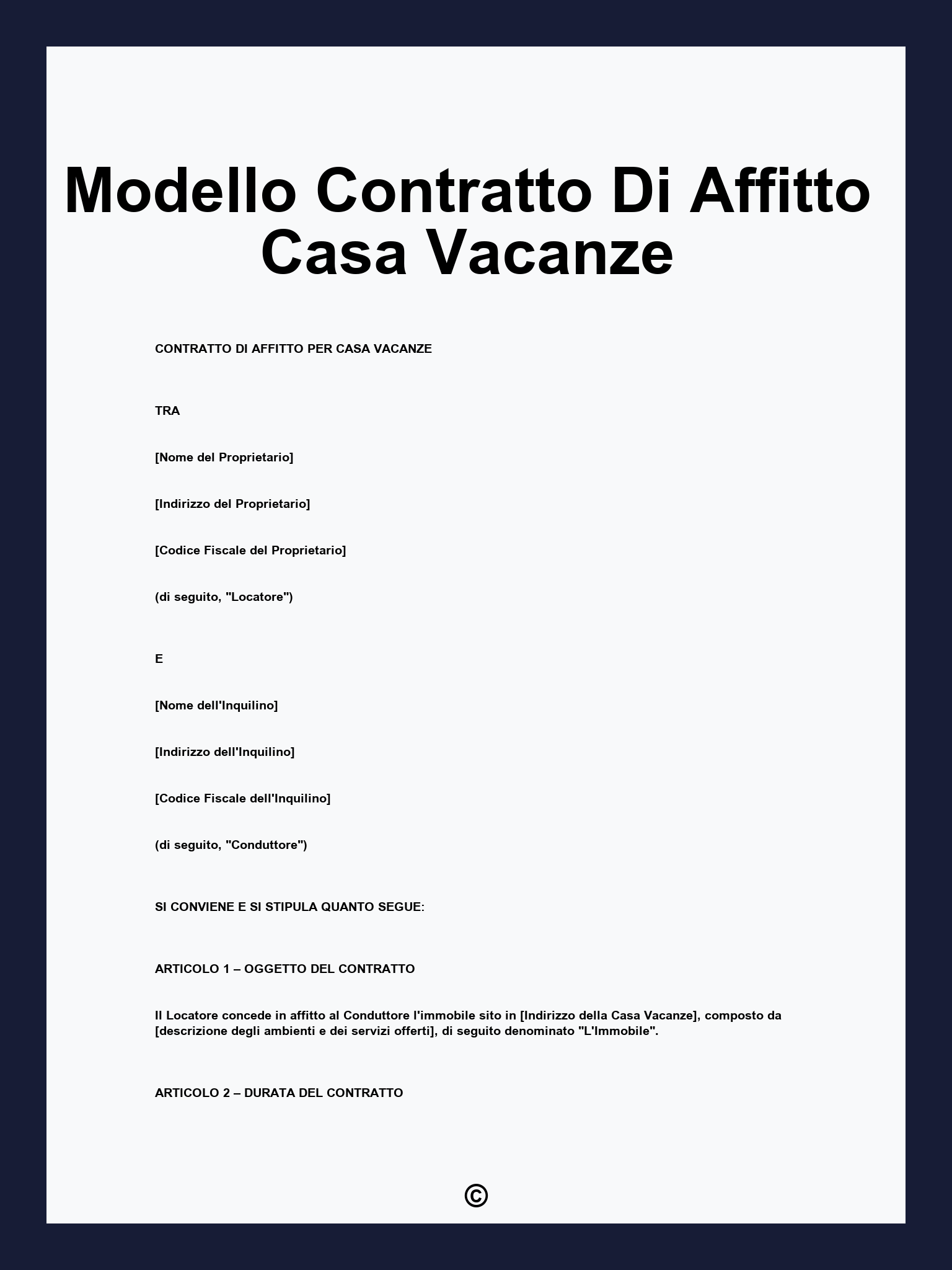 Modello Contratto Di Affitto Casa Vacanze