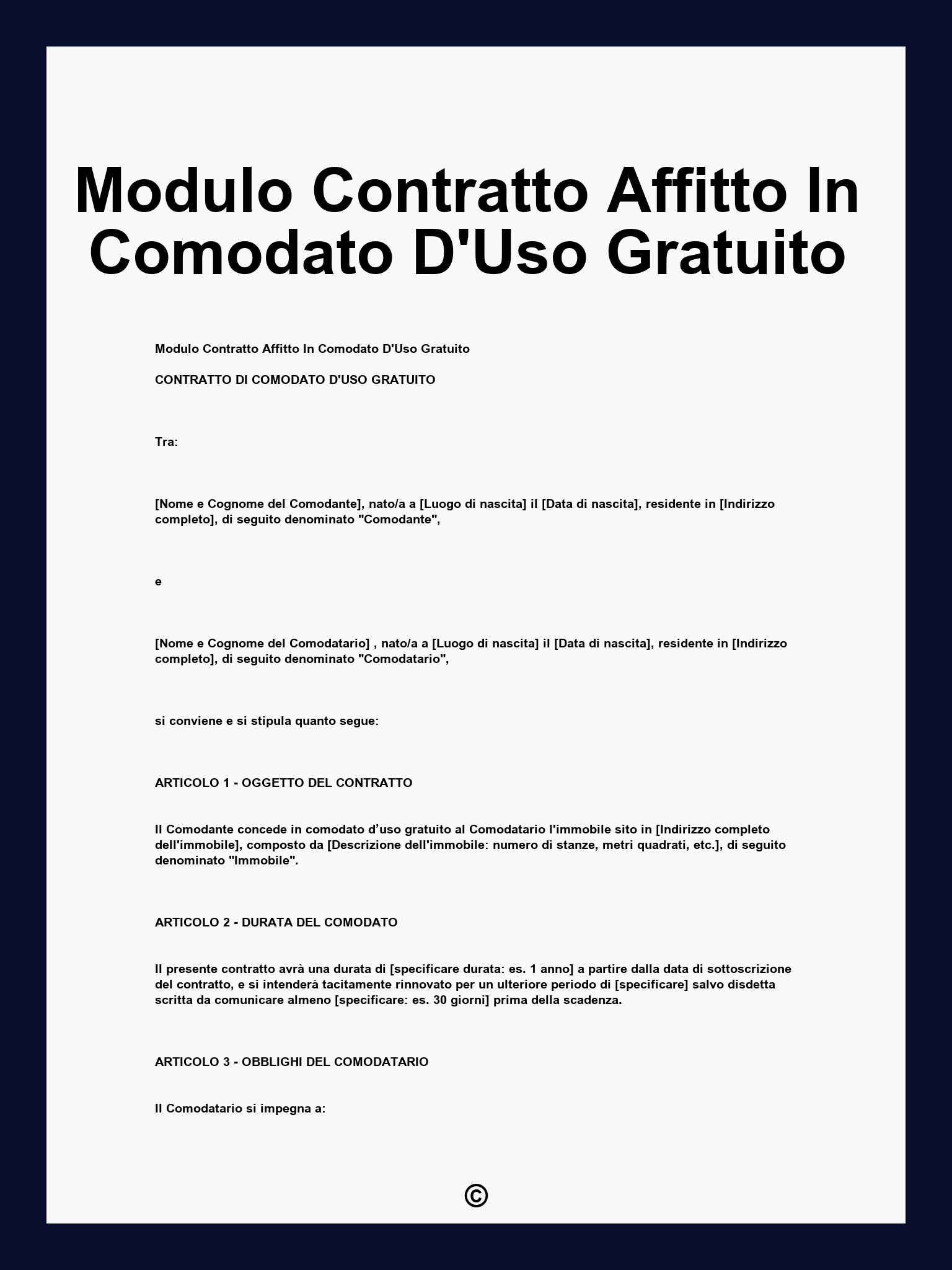 Modulo Contratto Affitto In Comodato D'Uso Gratuito