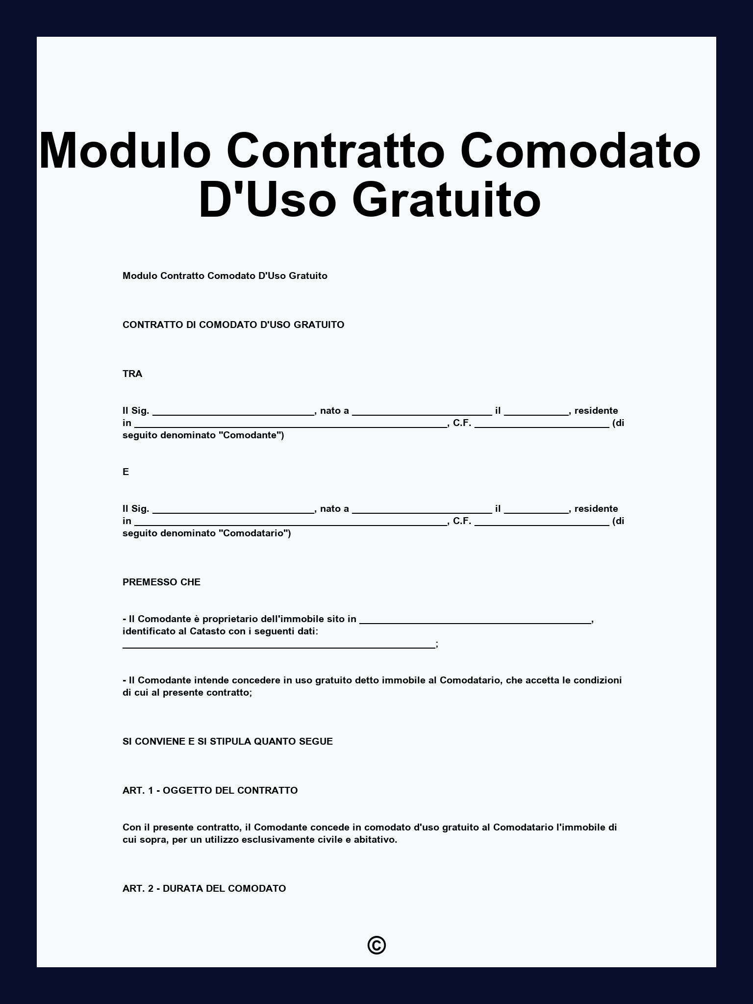 Modulo Contratto Comodato D'Uso Gratuito